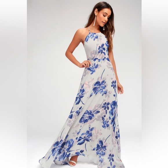 NWT LuLu’s All I Need Grey Floral Print Lace-Up Maxi Dress - Picture 2 of 7